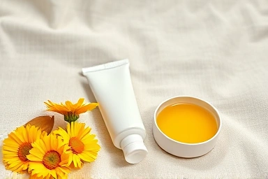 Natural ingredients and pregnancy stretch mark cream on a soft background.